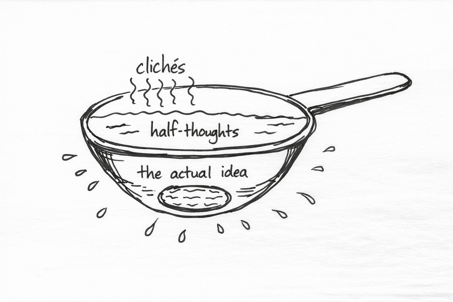 Rough Sharpie sketch of a gold pan with layered contents labeled “clichés,” “half-thoughts,” and “the actual idea” at the bottom. Wavy lines show material washing away, with water droplets scattered around. Messy, rushed style on white paper.