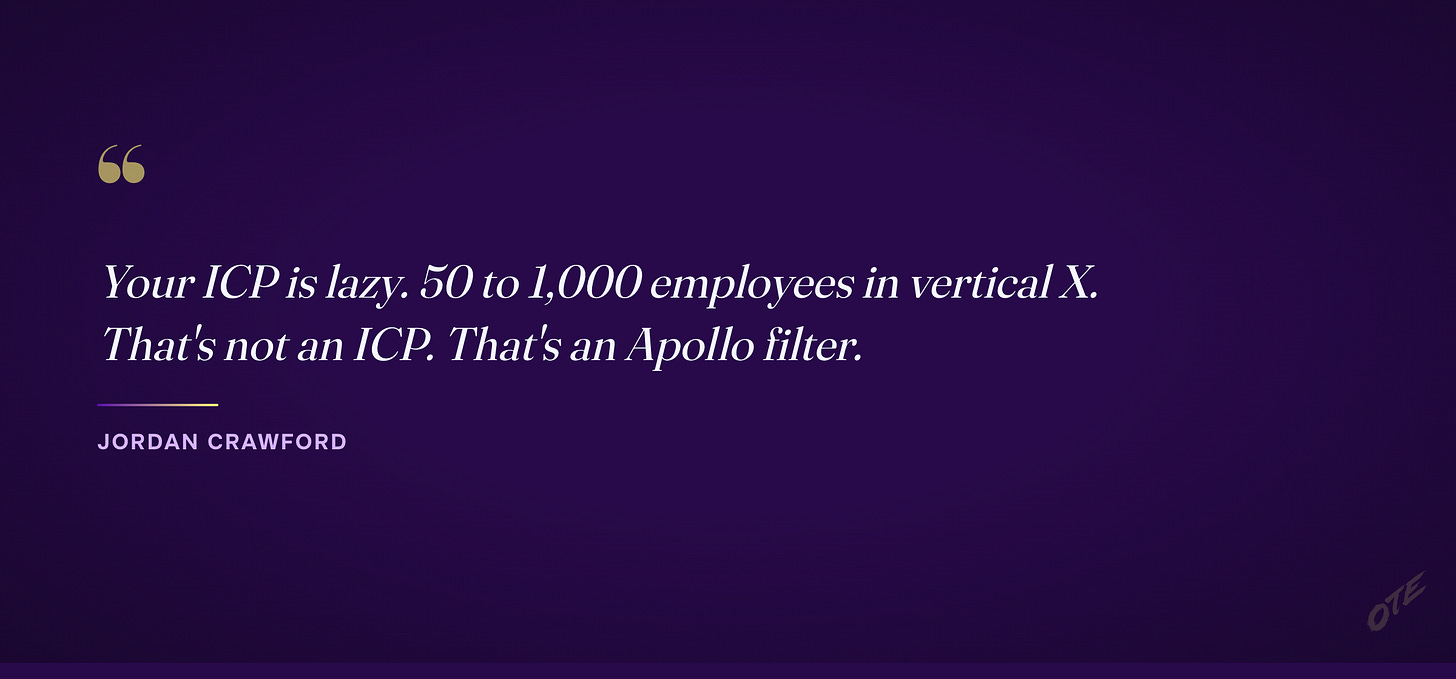 Pull quote: Your ICP is lazy. 50 to 1,000 employees in vertical X. That's not an ICP. That's an Apollo filter. — Jordan Crawford
