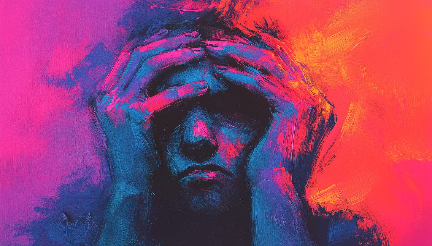 A distressed figure holds their head in their hands, surrounded by bold, vibrant strokes of intense colors like pink and orange. The chaotic and expressive brushstrokes reflect the emotional strain and pressure of overextending oneself, symbolizing the importance of setting boundaries and acknowledging personal limits.