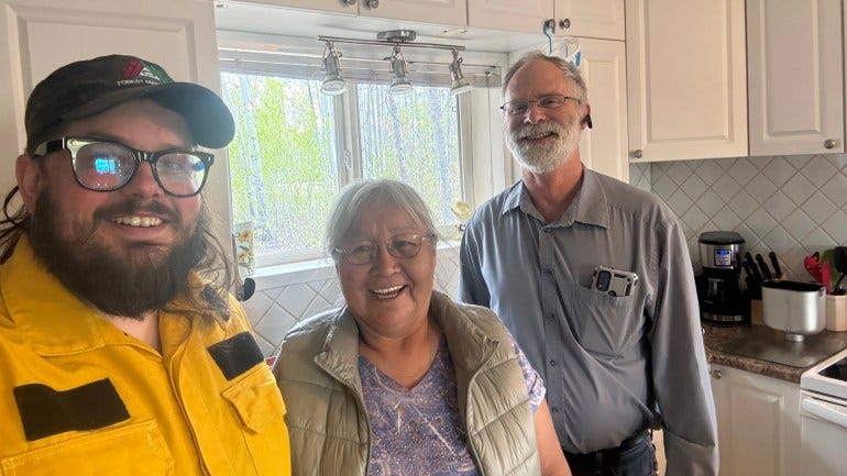 Mike Westwick, Rosie Betthale-Reid and Walter Pope take a selfie after recording a wildfire update for Fort Liard residents to air on the local radio station. Photo submitted by Mike Westwick Mike Westwick, Rosie Betthale-Reid and Walter Pope take a selfie after recording a wildfire update for Fort Liard residents to air on the local radio station. Photo submitted by Mike Westwick