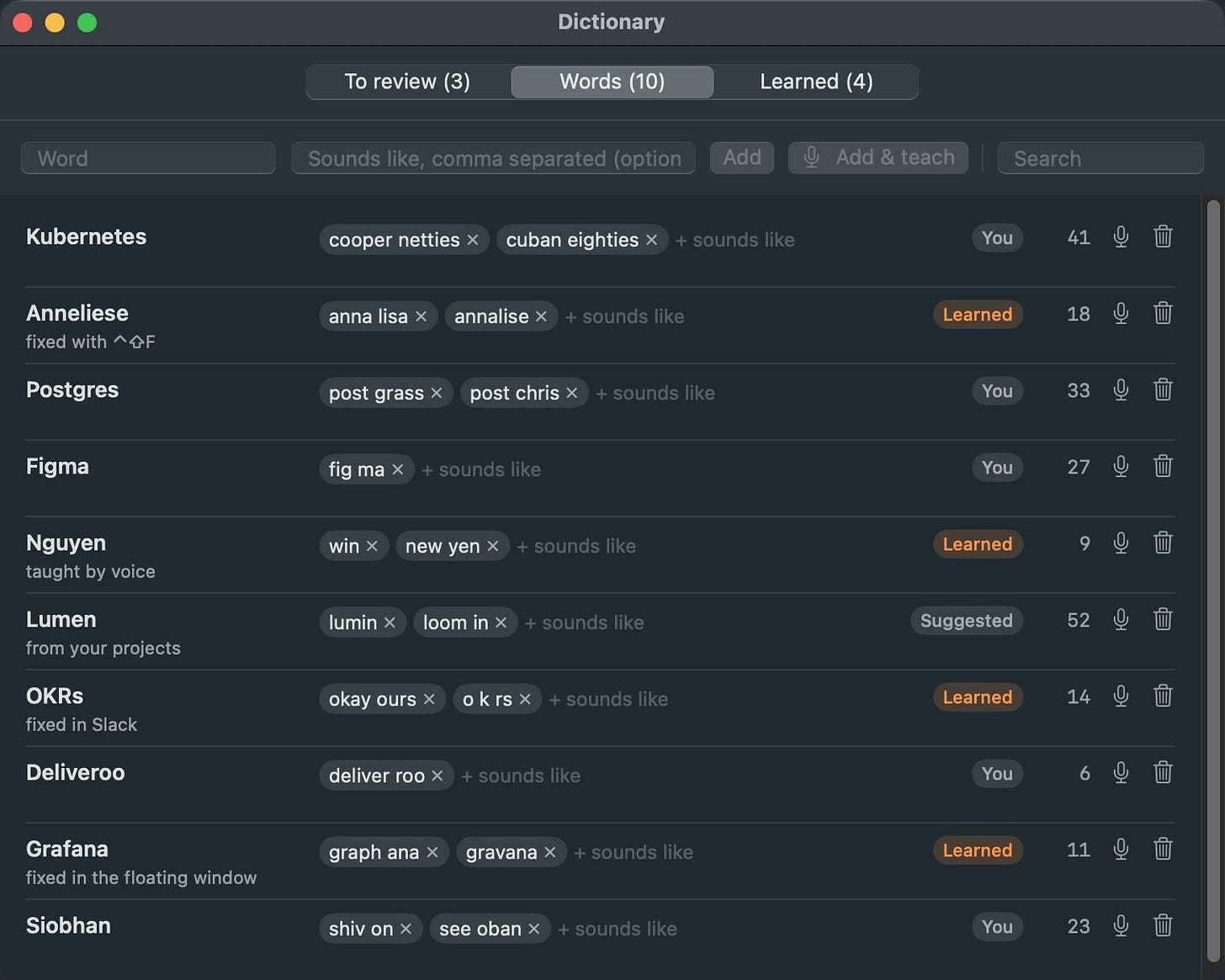 Dictionary window, Words tab: Kubernetes, Anneliese, Postgres, Figma, Nguyen and more, each with sounds-like variants, a source and a use count