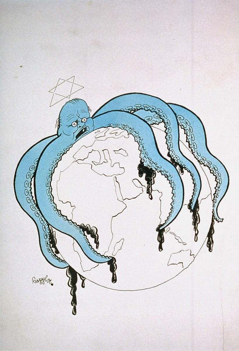 A light blue octopus with a caricature of Winston Churchill as a head hugs a sketched globe in its arms. A six-pointed star, the Star of David, is drawn above its head. A light blue octopus with a caricature of Winston Churchill as a head hugs a sketched globe in its arms. A six-pointed star, the Star of David, is drawn above its head.