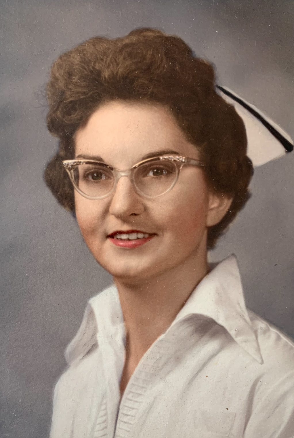 Image: A picture from 1960 of Lazette Bevers Chang-Yit Nichols in a nursing cap.