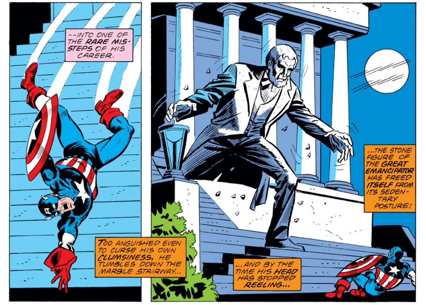 Two panels from Captain America number 222 showing the giant Lincoln Memorial statue attacking Captain America