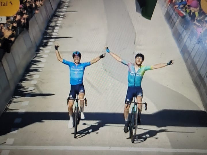Lorenzo Fortunato and Cristian Scaroni cross the line victorious on stage 16