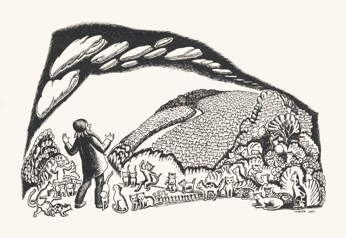 Black and White Drawing of a Man Facing Millions of Cats
