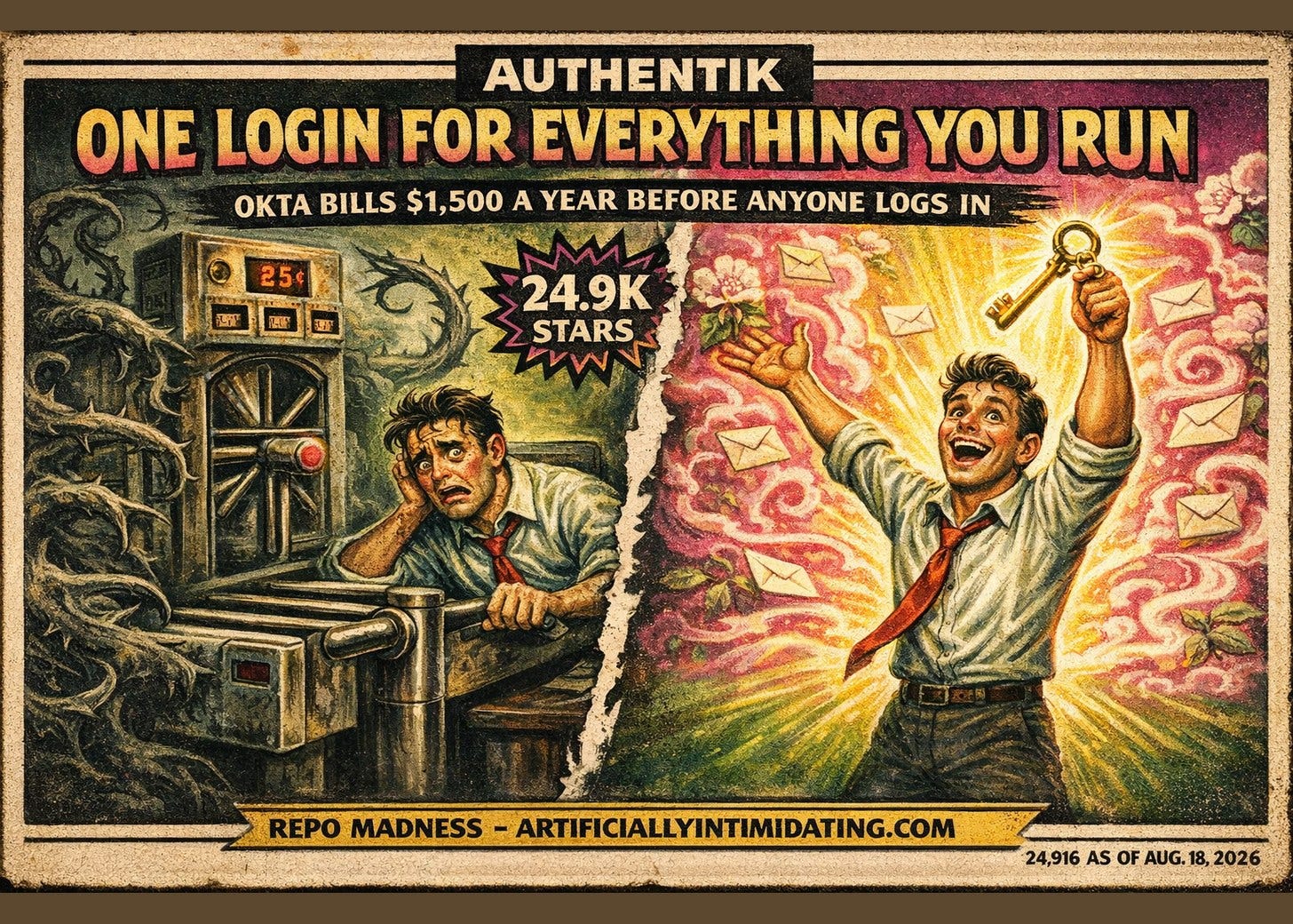 A painted 1930s-style poster torn down the middle. Left: a worker slumped at a coin-operated turnstile barring an office doorway. Right: the same man holding a glowing brass key overhead as envelopes fly past. Nameplate reads AUTHENTIK.