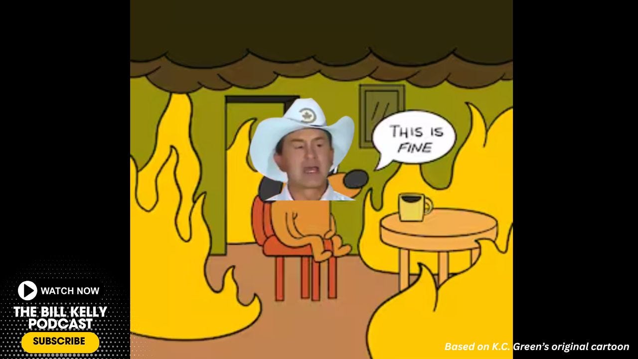 Pierre Poilievre wearing a cowboy hat, cropped onto the body of a cartoon dog sitting in a house that is on fire and saying 'everything is fine', based on the original meme comic by KC Green.