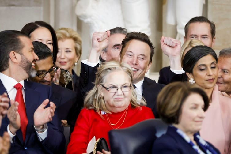 Elon Musk and Donald Trump Jr. during President Donald Trump’s inauguration. Elon Musk and Donald Trump Jr. during President Donald Trump’s inauguration.