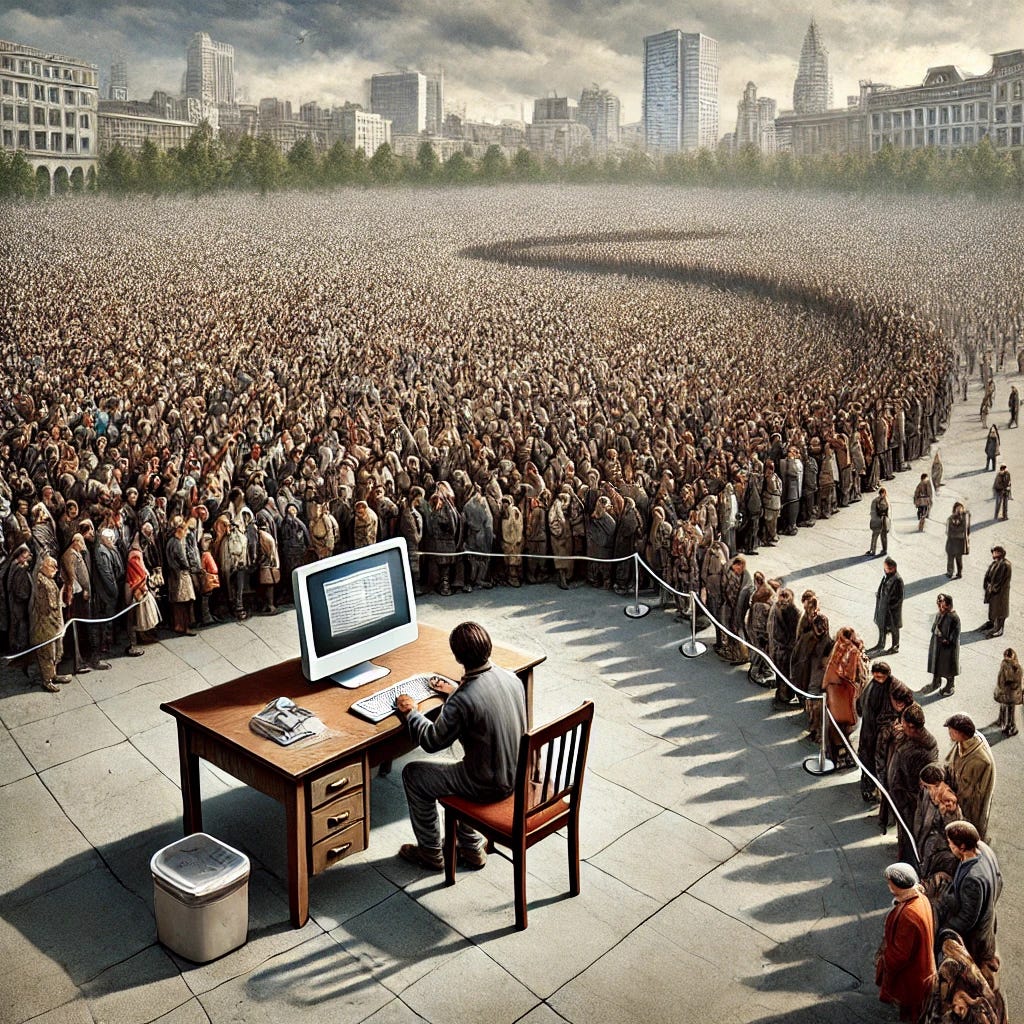 A person sitting at a desk in front of a large crowd
Description automatically generated A person sitting at a desk in front of a large crowd
Description automatically generated