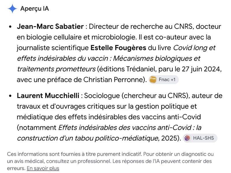 Aperçu IA de Google : Jean-Marc Sabatier cité en premier, « directeur de recherche au CNRS », livre préfacé par Christian Perronne Aperçu IA de Google : Jean-Marc Sabatier cité en premier, « directeur de recherche au CNRS », livre préfacé par Christian Perronne
