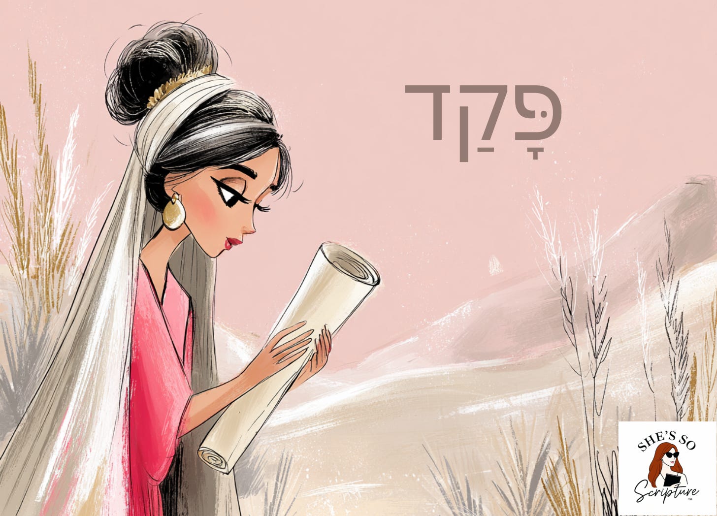 Watercolor illustration of an ancient Israelite woman reading a scroll, representing the meaning of the Hebrew verb pakad.