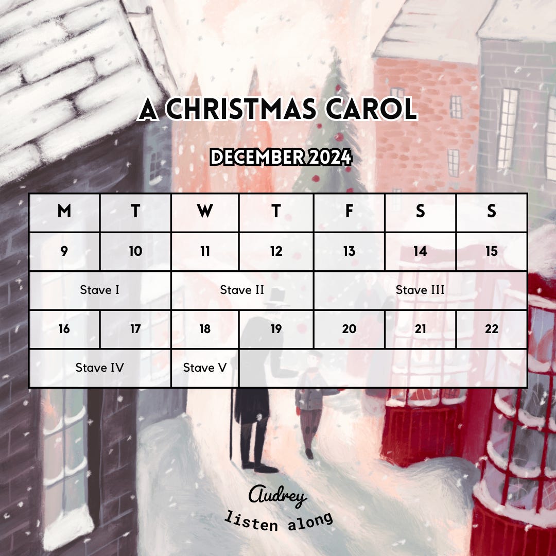 schedule for listening to A Christmas Carol, on background of painted winter scene