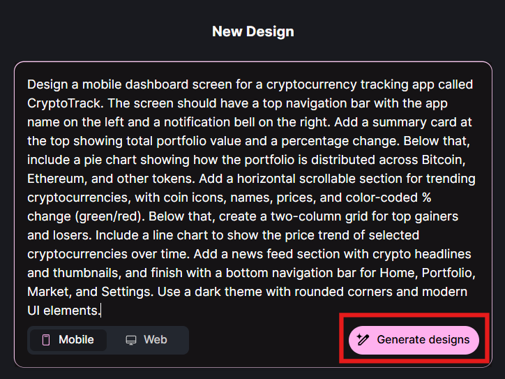 Nhập prompt và nhấn Generate designs trong Google Stitch