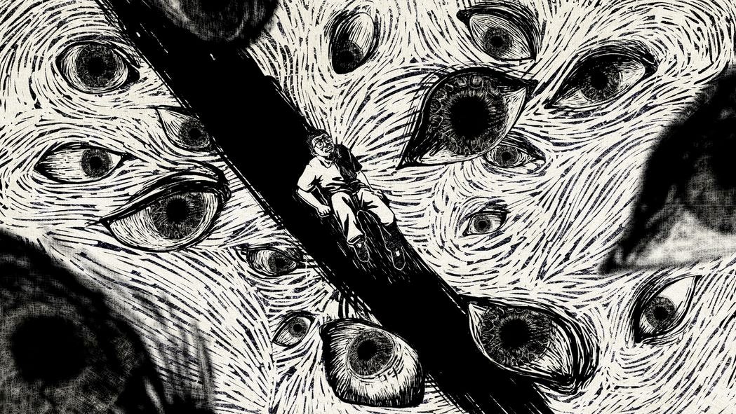 A wood-cut-style image of 15 giant eyes glaring at a small male figure during an animation sequence in the documentary A wood-cut-style image of 15 giant eyes glaring at a small male figure during an animation sequence in the documentary