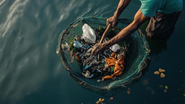 Fisherman pulling up net filled with garbage and fish from water 56952992 Stock Photo at Vecteezy Fisherman pulling up net filled with garbage and fish from water 56952992 Stock Photo at Vecteezy