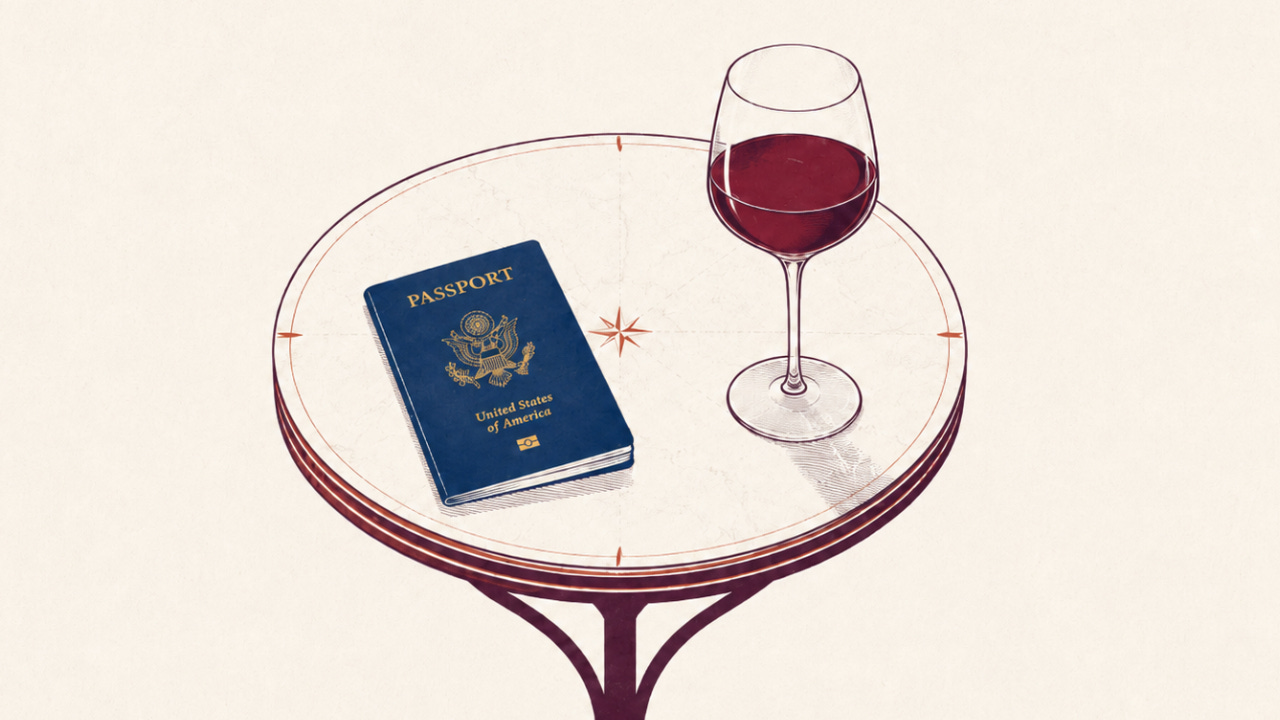Stylized line illustration in muted tones: a navy United States passport lies beside a glass of red wine on a round café table etched with a compass-rose motif, against a plain cream background. Stylized line illustration in muted tones: a navy United States passport lies beside a glass of red wine on a round café table etched with a compass-rose motif, against a plain cream background.
