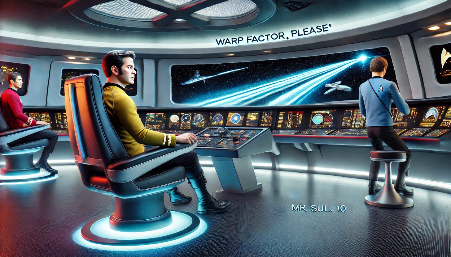 A scene from a futuristic starship bridge with a character resembling Captain James T. Kirk (not an exact likeness) in a Starfleet-style uniform, sitting in a command chair, giving the command, 'Mr. Sulu, Warp Factor 10, please.' The setting features a sleek, high-tech control console where another officer (resembling Mr. Sulu) is depicted interacting with the ship's controls. The main helm screen shows stars stretching into streaks, representing faster-than-light travel. The bridge is illuminated with soft, futuristic lighting, and the overall atmosphere conveys advanced technology and excitement.