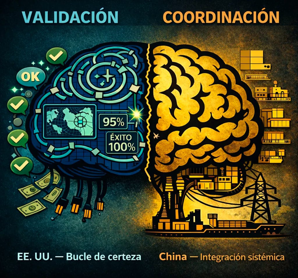 Ilustración dividida en dos mitades. A la izquierda, un cerebro azul titulado “Validación”, saturado de marcas de verificación, pantallas, porcentajes de éxito, billetes y circuitos que se cierran sobre sí mismos, simbolizando una IA estadounidense como bucle de certeza. A la derecha, un cerebro ocre titulado “Coordinación”, conectado a fábricas, un puerto, líneas eléctricas y redes logísticas, simbolizando una IA china como integración sistémica en el mundo material.