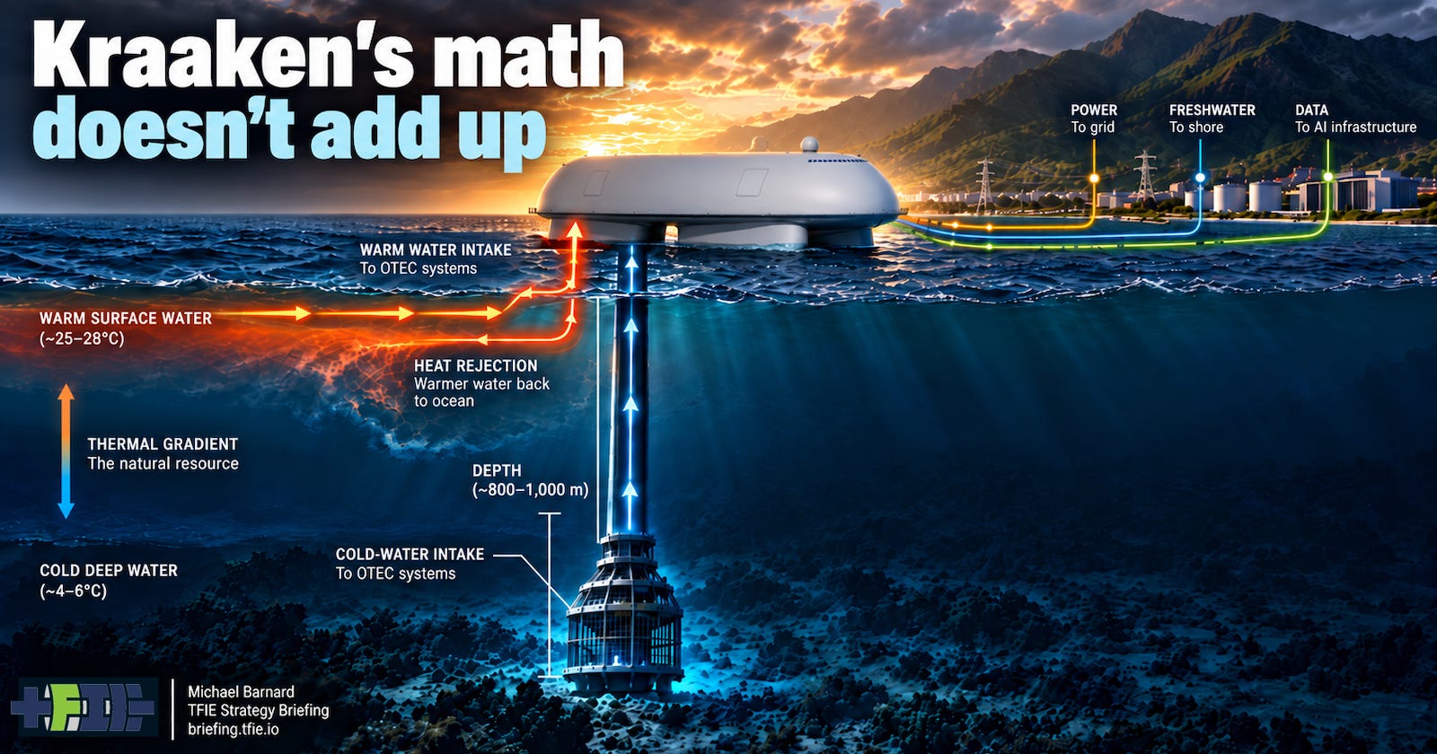Annotated ocean cross-section showing Optimal Transit’s Kraaken vessel, a warm surface-water intake, an approximately 800–1,000 metre deep cold-water intake, and power, freshwater and data connections to shore.