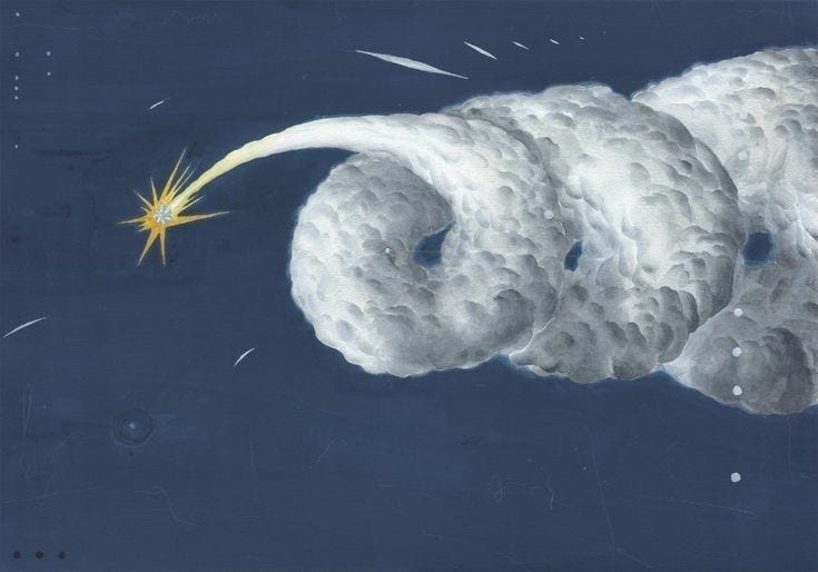 This may contain: a drawing of a cloud with a star in it's center and shooting stars coming out of the clouds