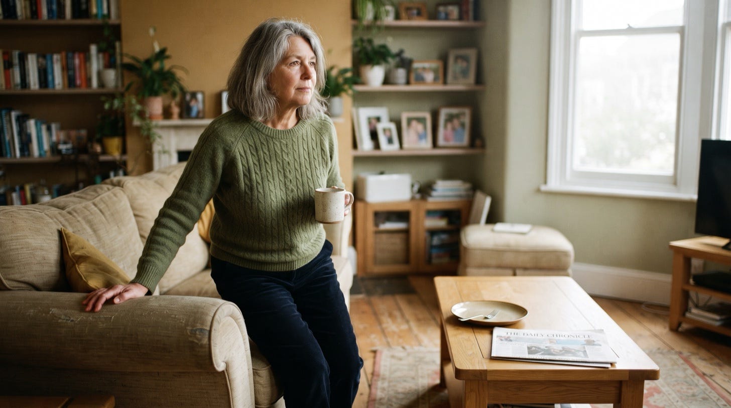 A woman in her sixties pausing after standing up from a sofa, one hand resting on the armrest, holding an empty mug in the other.