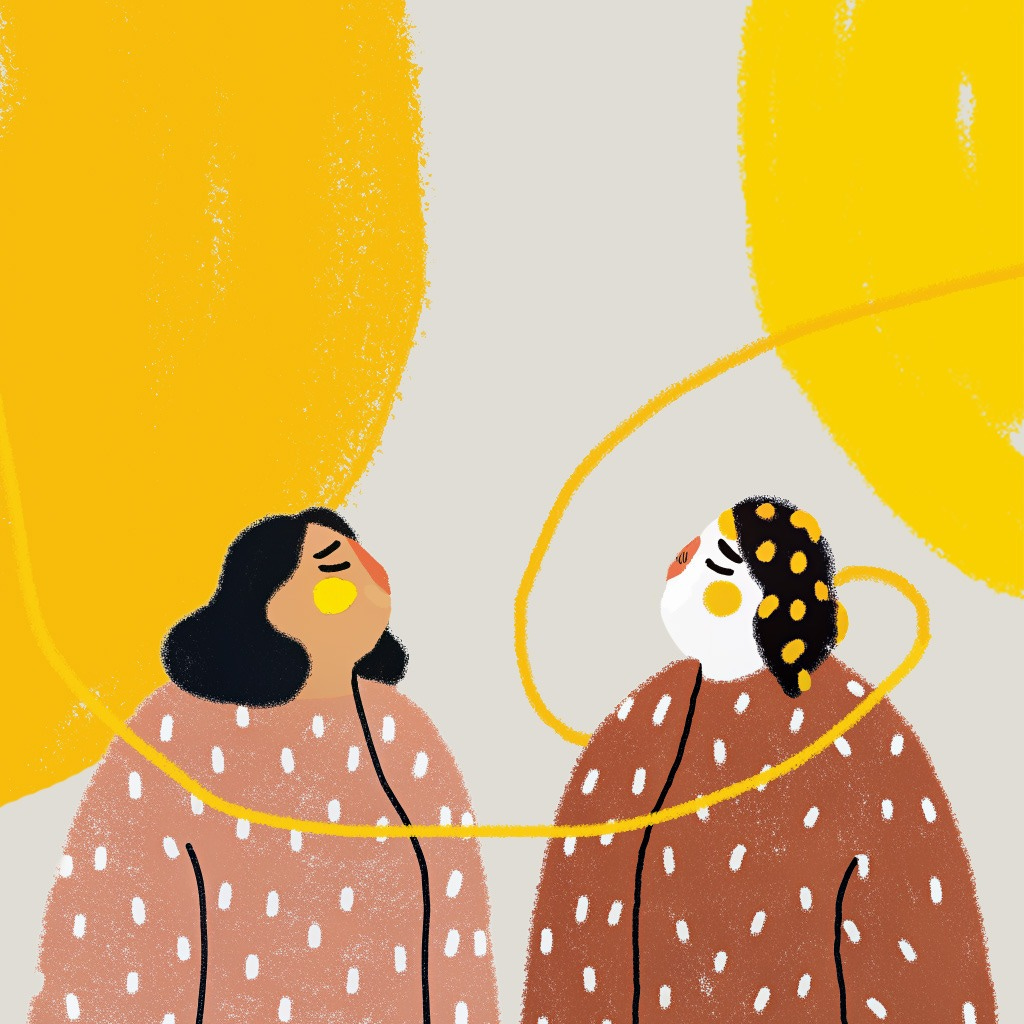 Due donne si guardano, gli occhi socchiusi, immerse in un loro mondo. Un filo giallo le circonda e le avvolge. Questo spazio è tutto loro.