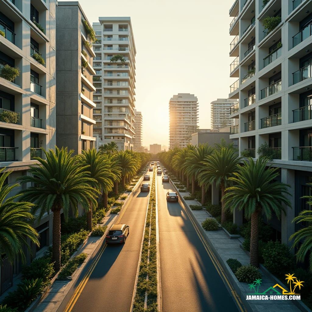 Vibrant mixed-use developments in Jamaica, blending coastal and urban landscapes, where sleek, modern residential towers meet bustling commercial hubs and scenic recreational spaces. Developers incorporate lush greenery, pedestrian-friendly walkways, and public art installations, fostering a sense of community. 