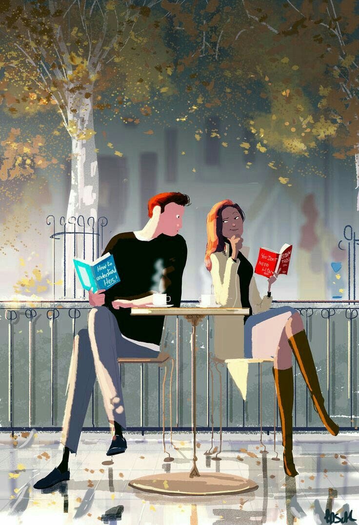 #descrevemospravocê  Ilustração artística de estilo digital mostra duas pessoas sentadas lado a lado em um café ao ar livre, durante o outono. À esquerda, está um homem de pele clara, cabelo castanho escuro com mechas avermelhadas, vestindo suéter preto, calça cinza e sapatos escuros. Ele segura um livro azul com o título visível: "How to understand her?" (Como entender ela?). À direita, uma mulher de pele morena clara e cabelos castanhos longos com mechas avermelhadas lê um livro vermelho com o título "You don't need him" (Você não precisa dele). Ela sorri, com uma expressão divertida, enquanto leva a mão ao queixo, como se estivesse refletindo ou provocando. Usa um vestido preto, casaco bege claro e botas longas marrons. Ambos estão em cadeiras finas e elegantes, diante de uma pequena mesa redonda de ferro com tampo claro. Sobre a mesa, há duas xícaras, uma delas soltando vapor, indicando bebida quente. Ao fundo, vê-se uma cerca baixa de ferro e árvores altas com folhas amareladas e marrons caindo, sugerindo uma cena outonal. O chão reflete a luz e está coberto por folhas secas espalhadas. A cena transmite leveza, romantismo e um toque de humor, reforçado pela troca implícita entre os livros lidos por cada personagem.