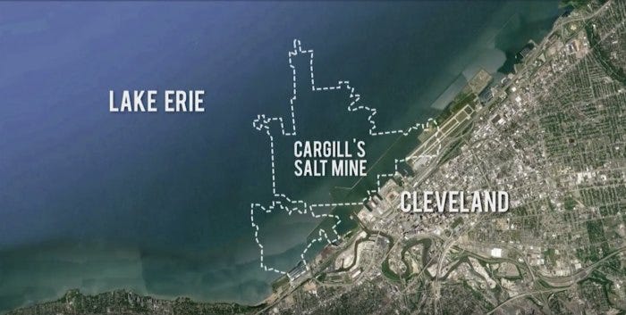 Map showing the location of Cargill's Whiskey Island salt mine.