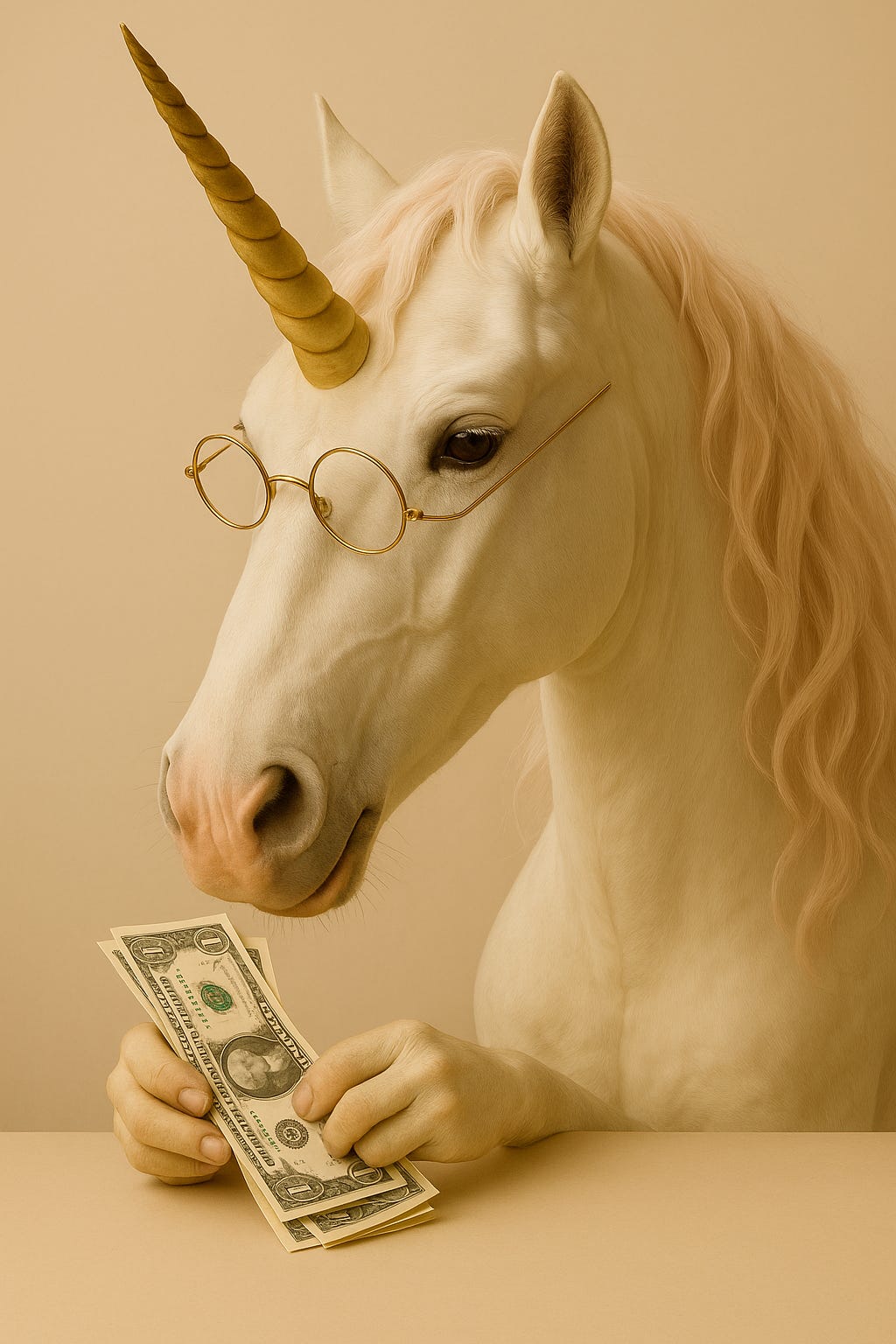 A unicorn counting dollar bills. A unicorn counting dollar bills.