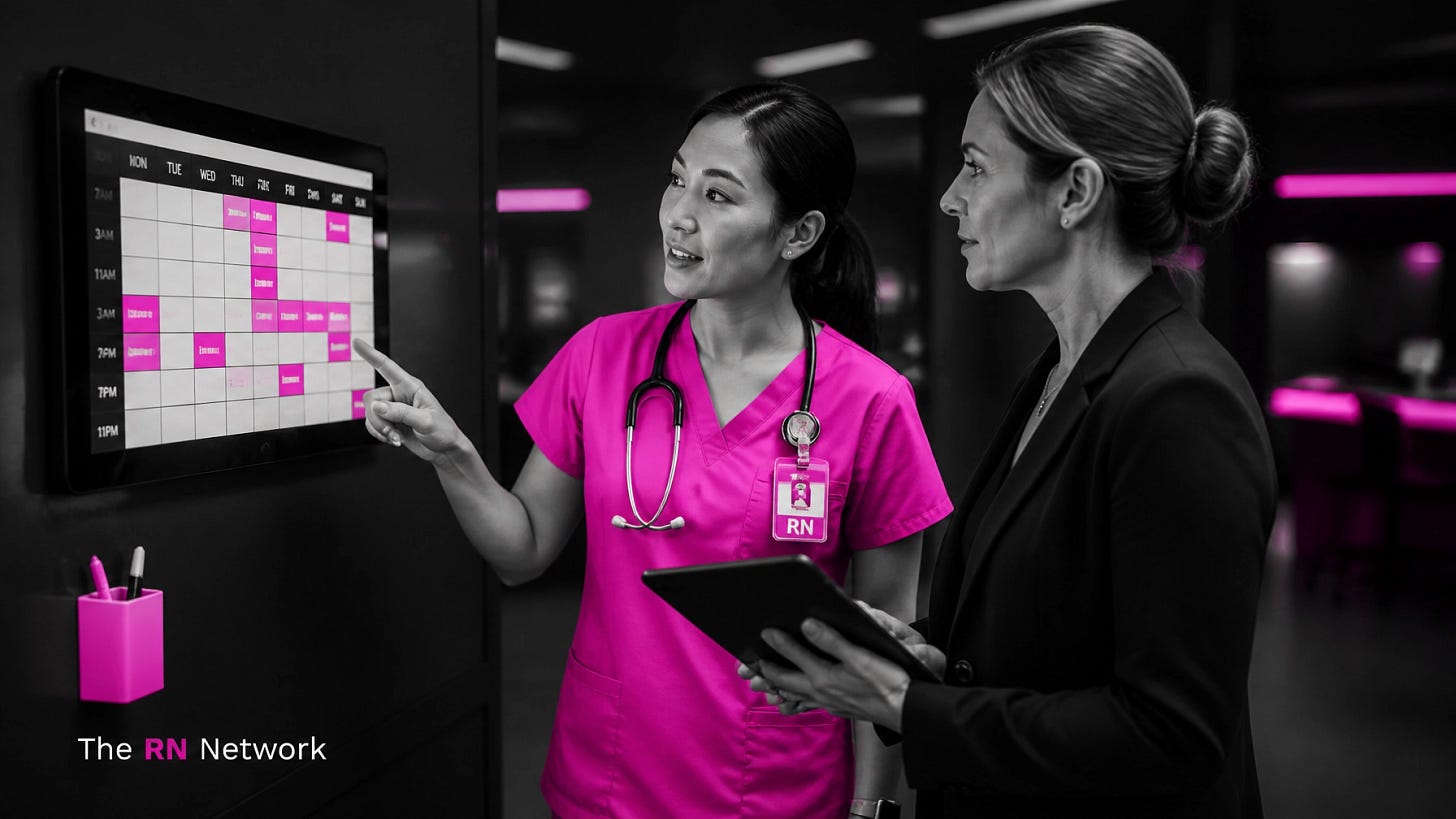 Real human nurse in pink scrubs speaking professionally while reviewing a posted schedule or tablet with the RN Network logo on-brand Real human nurse in pink scrubs speaking professionally while reviewing a posted schedule or tablet with the RN Network logo on-brand