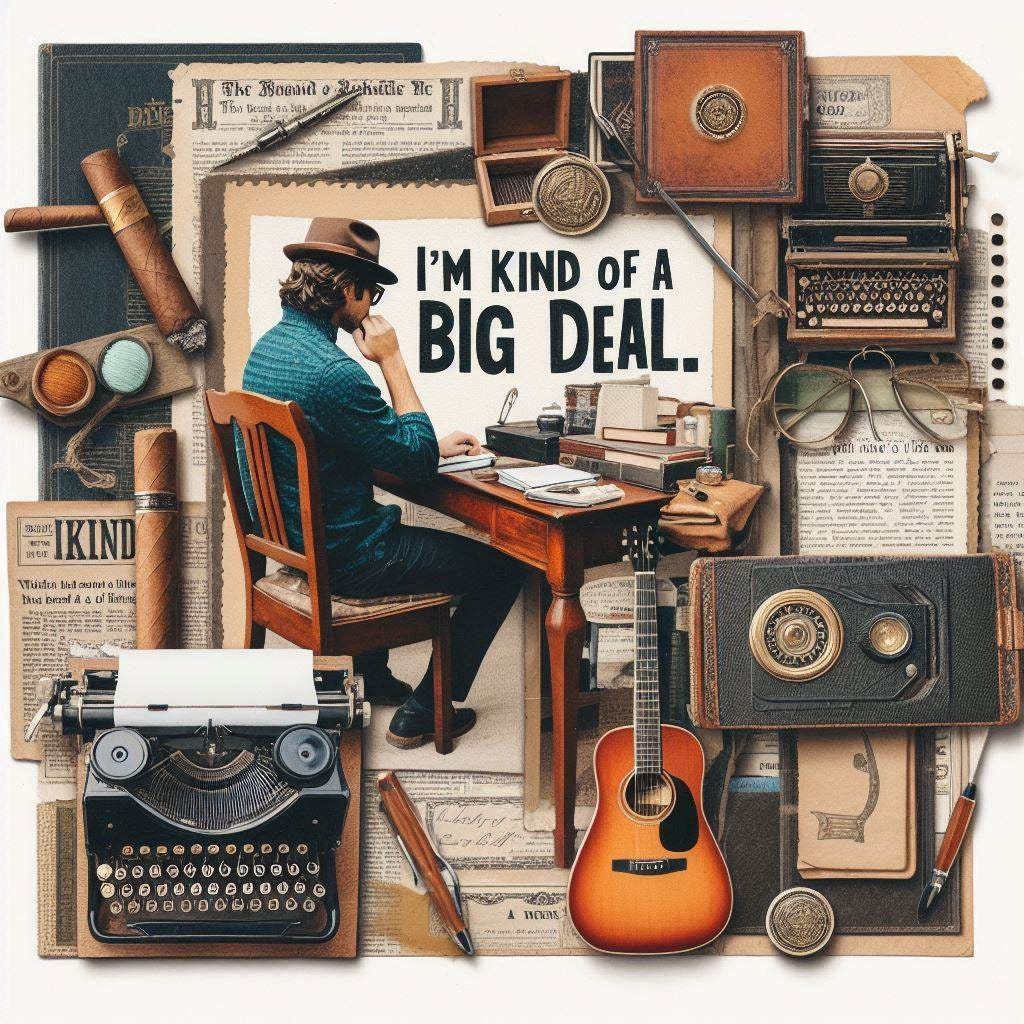 a scrapbook style collage featuring a writer at a desk, a guitar, a cigar box, a typewriter, and the words, "I'm kind of a big deal."