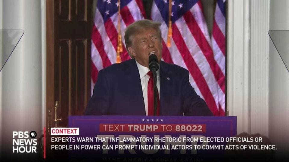 May be an image of 1 person, the Oval Office and text that says 'PBS NEWS HOUR CONTEXT TEXT TRUMP TO 88022 EXPERTS WARN THAT INFLAMMATORY RHETORIC FROM ELECTED OFFICIALS OR PEOPLE IN POWER CAN PROMPT INDIVIDUAL ACTORS TO COMMIT ACTS OF VIOLENCE.'