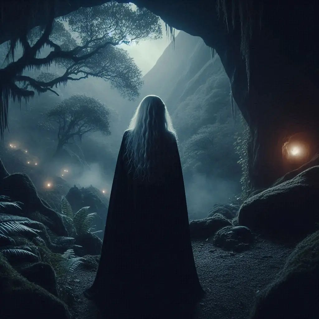 A woman with long white hair standing inside a cave at the base of a dark, misty mountain. She wears a black cloak and is lit by the soft glow of a flashlight. The atmosphere is tense and mysterious. It’s nighttime, with dense forest vegetation, ancient oak trees, and a few surveillance cameras hidden around. Fantasy dystopian style, cinematic lighting, realistic details.