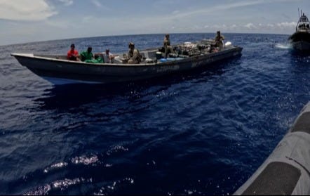 A "go fast" smuggling boat with a cartel crew and drugs aboard is intercepted by the US Coast Guard during a recent patrol. A "go fast" smuggling boat with a cartel crew and drugs aboard is intercepted by the US Coast Guard during a recent patrol.