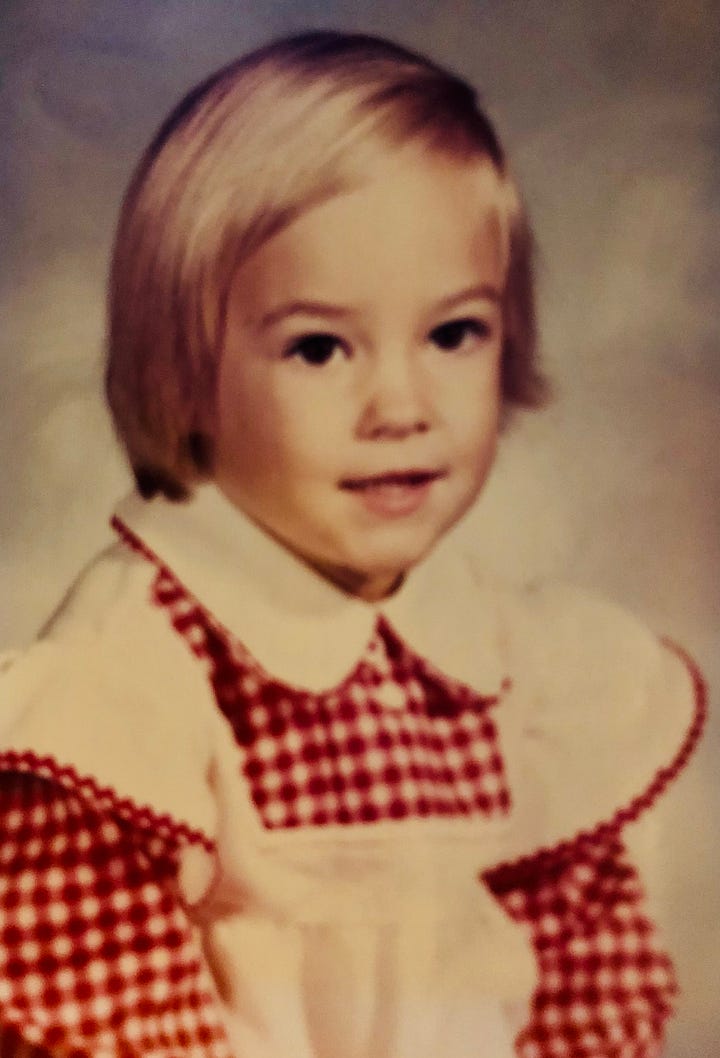 The author in a red and white gingham dress and pale blonde hair vs. the 90s brunette bouffant.