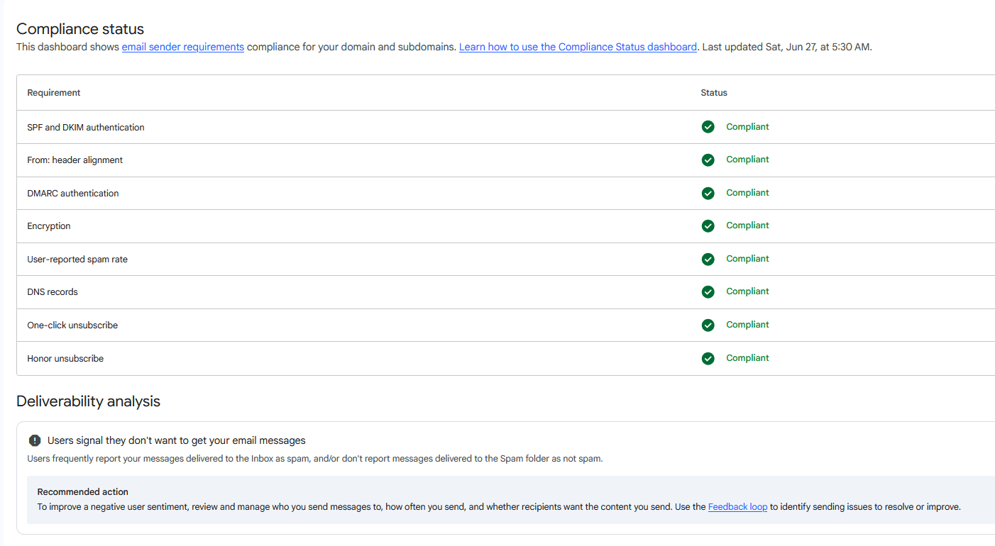 Postmaster Tools showing the negative deliverability verdict that users signal they don’t want your email despite full compliance Postmaster Tools showing the negative deliverability verdict that users signal they don’t want your email despite full compliance