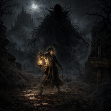 Clarion menaced by Strahd’s disembodied presence—Barovian Gothic mist, looming shadowy silhouette of Strahd without form, Clarion standing defiant with divine light flickering