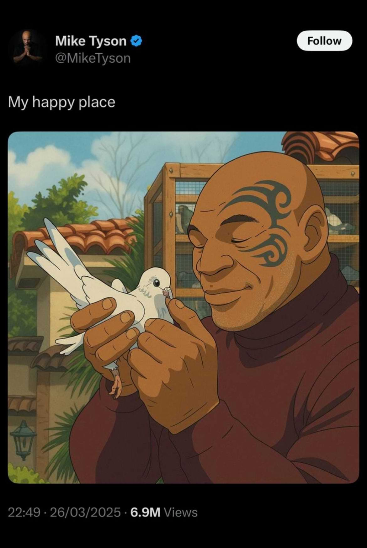 Screenshot of a tweet by Mike Tyson showing a Ghibli-style, AI-generated image of him gently holding a white dove with a peaceful expression with the caption “My happy place.” Created using ChatGPT’s GPT-4o image generator.