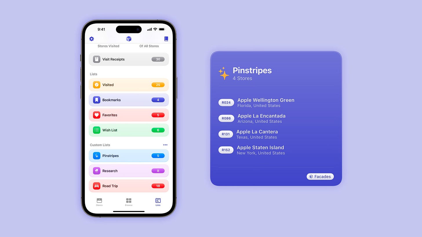 An iPhone running Facades 2 and displaying a view with custom lists. Next to the iPhone is a list image exported from the app.