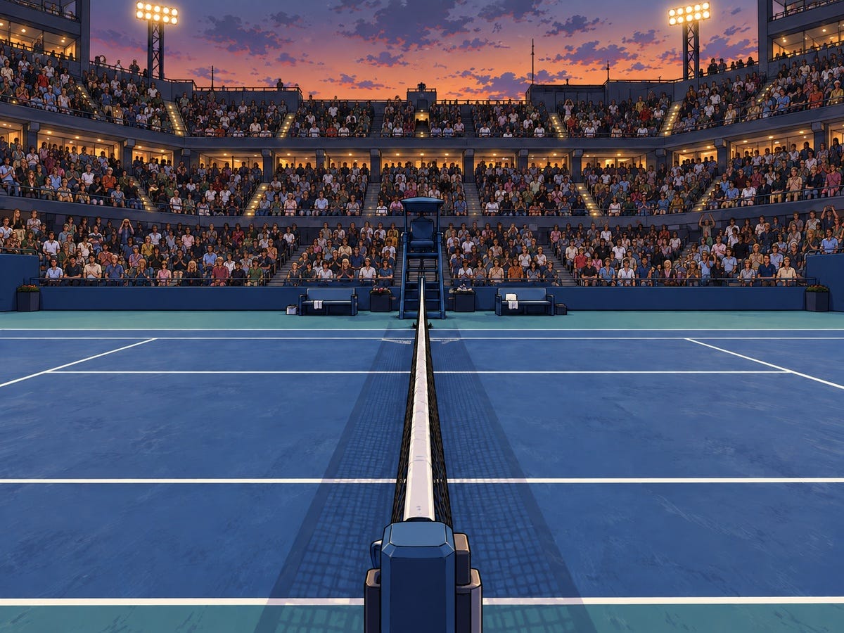 Graphic-novel-style illustration of an empty blue tennis court at early evening, viewed straight down the center of the net from the net post. A large, varied crowd fills the stadium stands beneath bright floodlights and a purple-orange sunset sky.