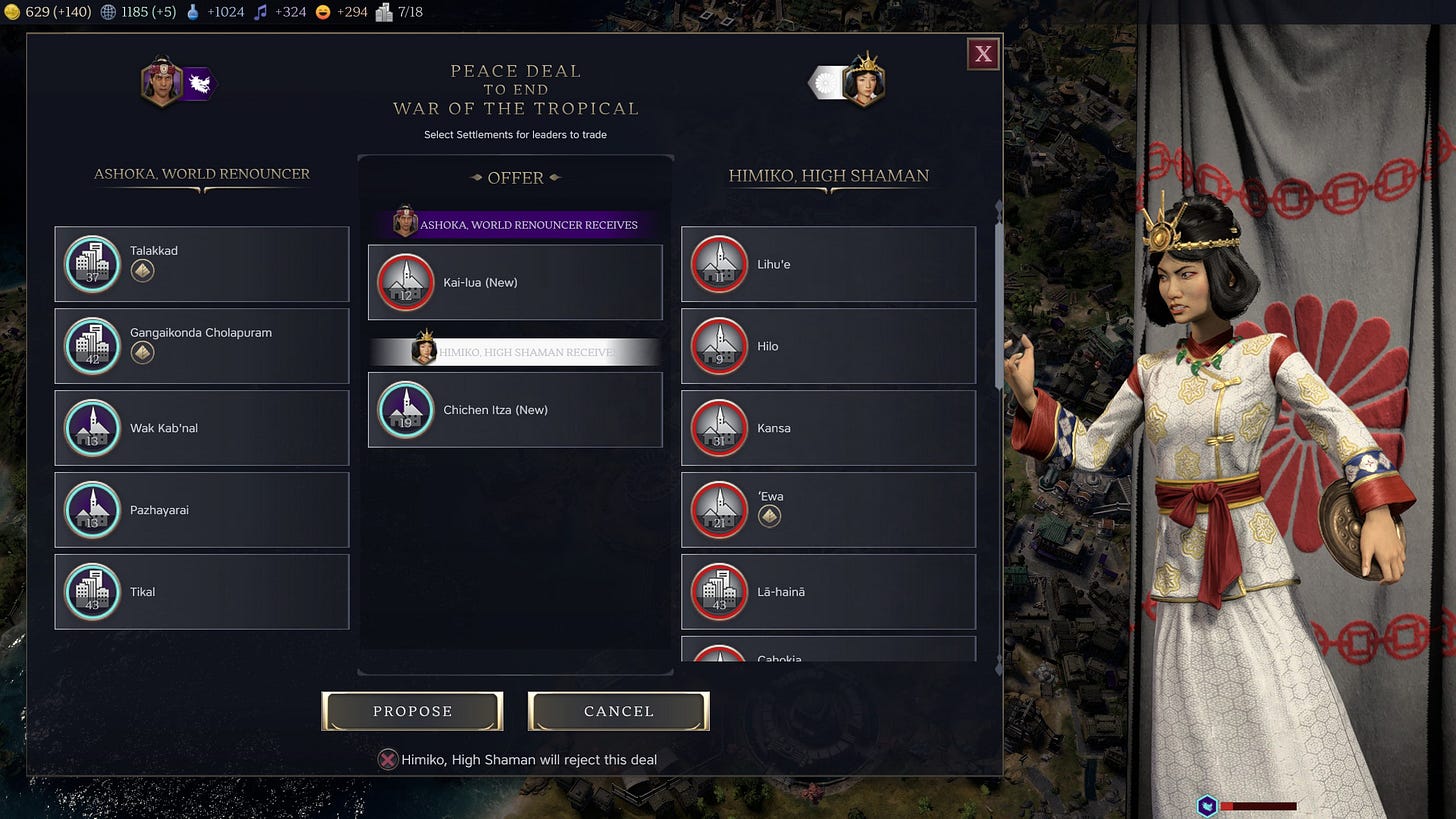 Diplomacy screen in Civ 7: on the right, Himiko stands angrily. On the left, list of each civ's cities is displayed, with the ones being traded in the middle.