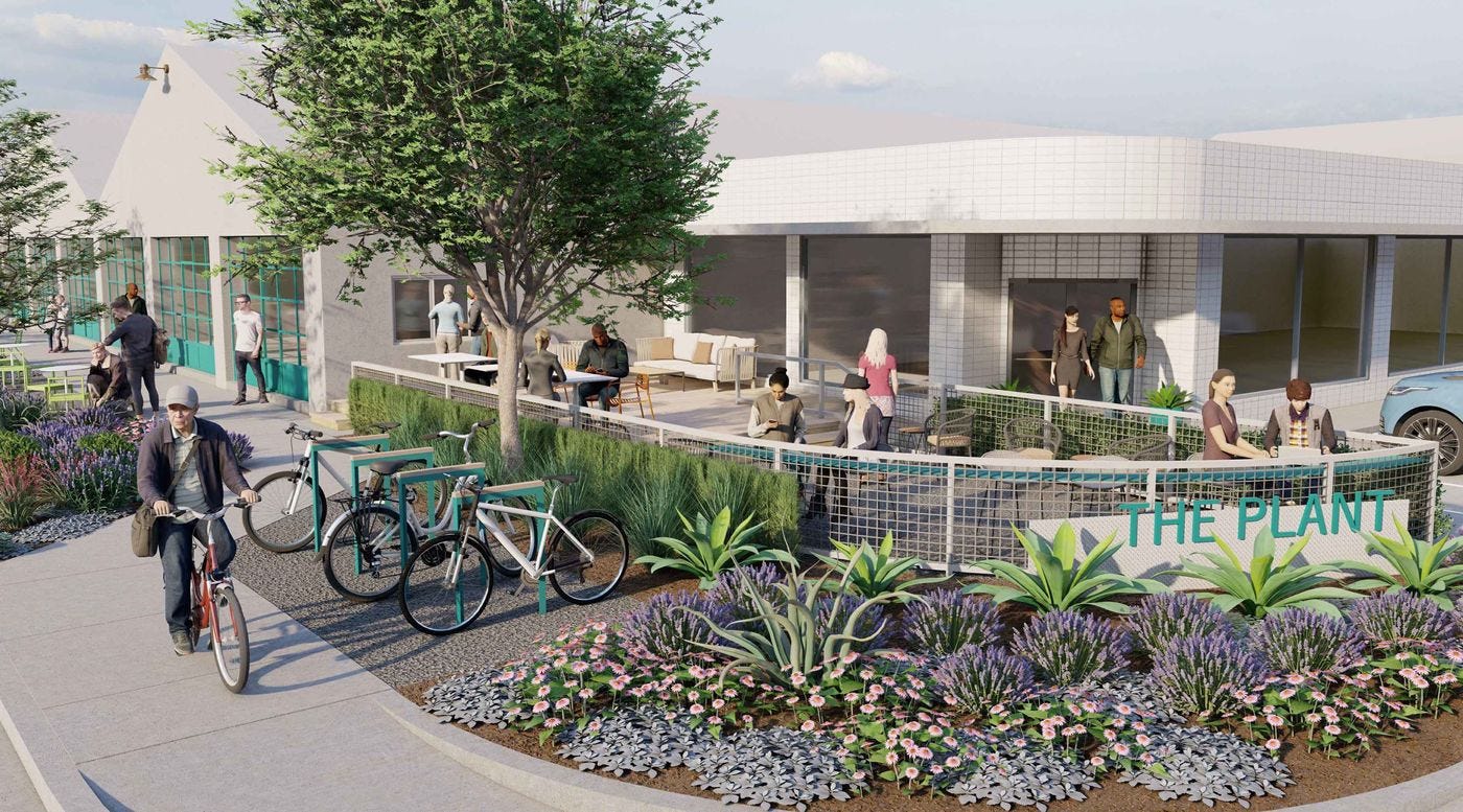 A rendering of The Plant, a converted industrial space envisioned as the anchor for a car-free development in Houston.&nbsp;