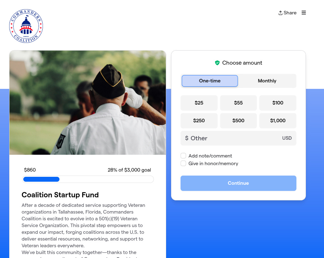 A donation webpage for Commanders Coalition. At top left is a circular logo with a capitol dome and stars. The main image shows a veteran in a white uniform and garrison cap saluting at an outdoor event. Below the image, a progress bar reads $860 raised, 28% of a $3,000 goal. The campaign title is “Coalition Startup Fund,” with text about evolving into a 501(c)(19) Veteran Service Organization supporting veteran groups in Tallahassee, Florida. On the right is a donation panel with a “Choose amount” section, toggles for One-time or Monthly, preset amounts ($25, $55, $100, $250, $500, $1,000), an “Other” USD field, checkboxes for “Add note/comment” and “Give in honor/memory,” and a “Continue” button. A Share icon and a menu icon appear in the top right.