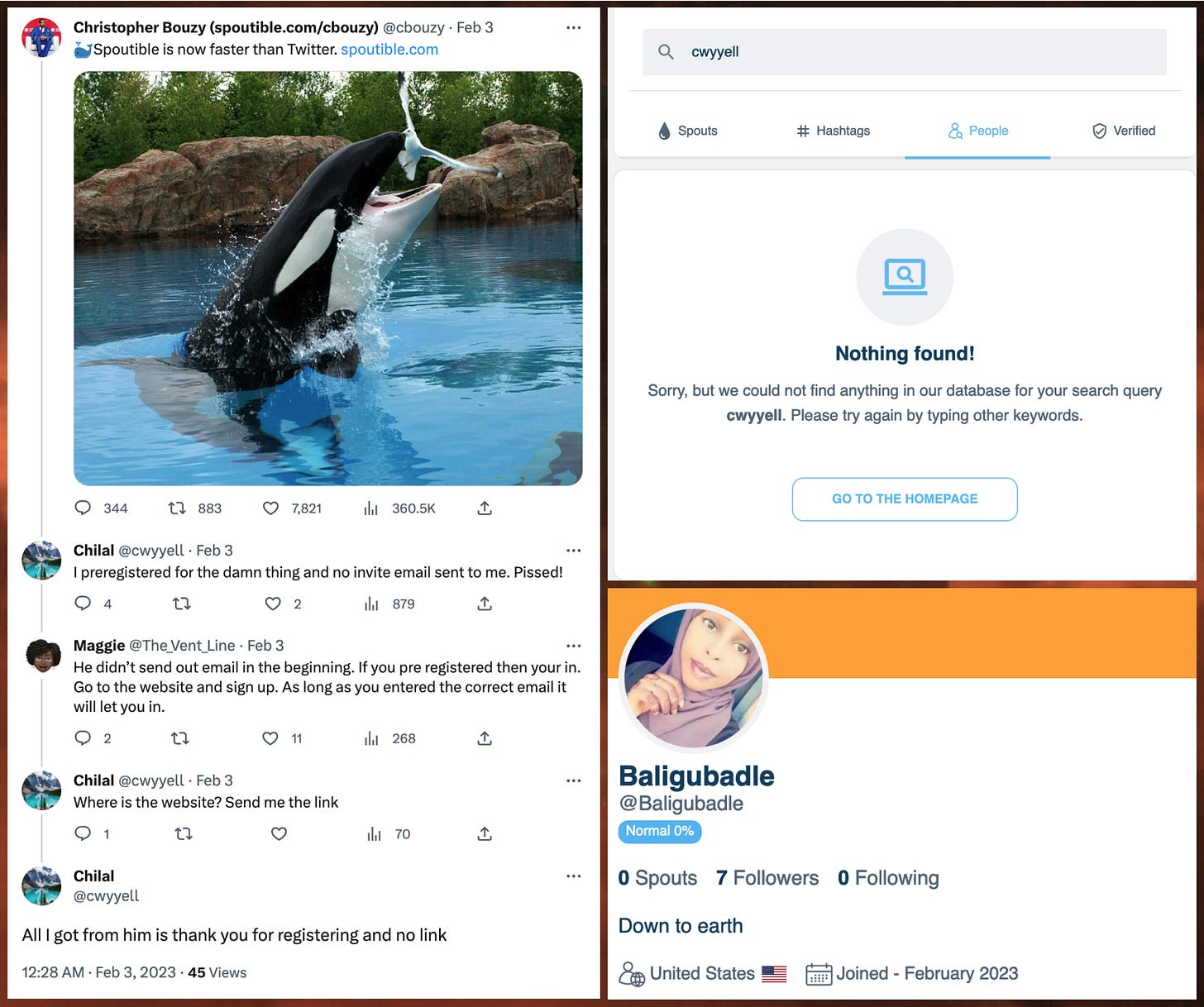 screenshots of @cwyyell tweeting about registering for a spoutible account, search showing no cwyyell account on spoutible, and screenshot of baligubadle account on spoutible screenshots of @cwyyell tweeting about registering for a spoutible account, search showing no cwyyell account on spoutible, and screenshot of baligubadle account on spoutible
