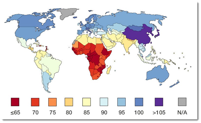 Average national IQs according to "IQ and Global Inequality"