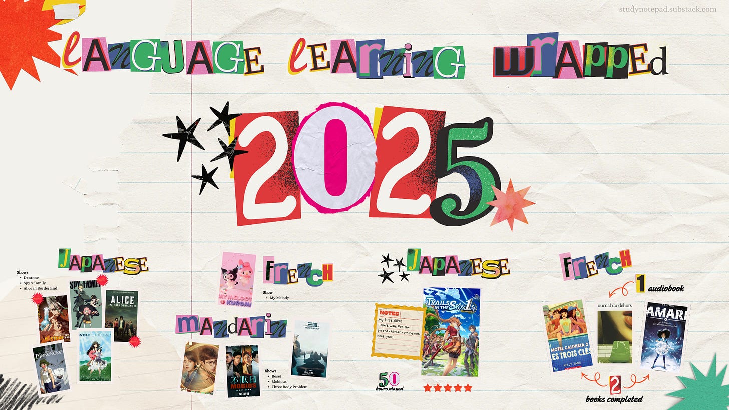 A title image that says "language learning wrapped 2025" in scrapbook cut out letters with images of different shows, games and books read in different languages by studynotepad A title image that says "language learning wrapped 2025" in scrapbook cut out letters with images of different shows, games and books read in different languages by studynotepad