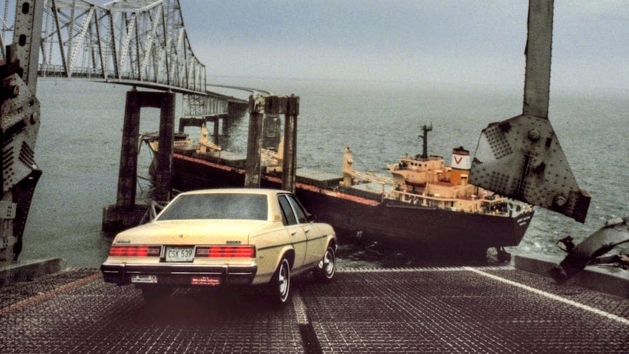 Richard Hornbuckle's car rests where it skidded to a stop just14 inches from the edge of the Sunshine Skyway Bridge, which was struck by the freighter Summit Venture on May 9, 1980. The freighter rammed the southbound span of the bridge, collapsing a 1,200 foot length of the bridge and sending several cars and a Greyhound bus into the water. Thirty-five people died. Richard Hornbuckle's car rests where it skidded to a stop just14 inches from the edge of the Sunshine Skyway Bridge, which was struck by the freighter Summit Venture on May 9, 1980. The freighter rammed the southbound span of the bridge, collapsing a 1,200 foot length of the bridge and sending several cars and a Greyhound bus into the water. Thirty-five people died.