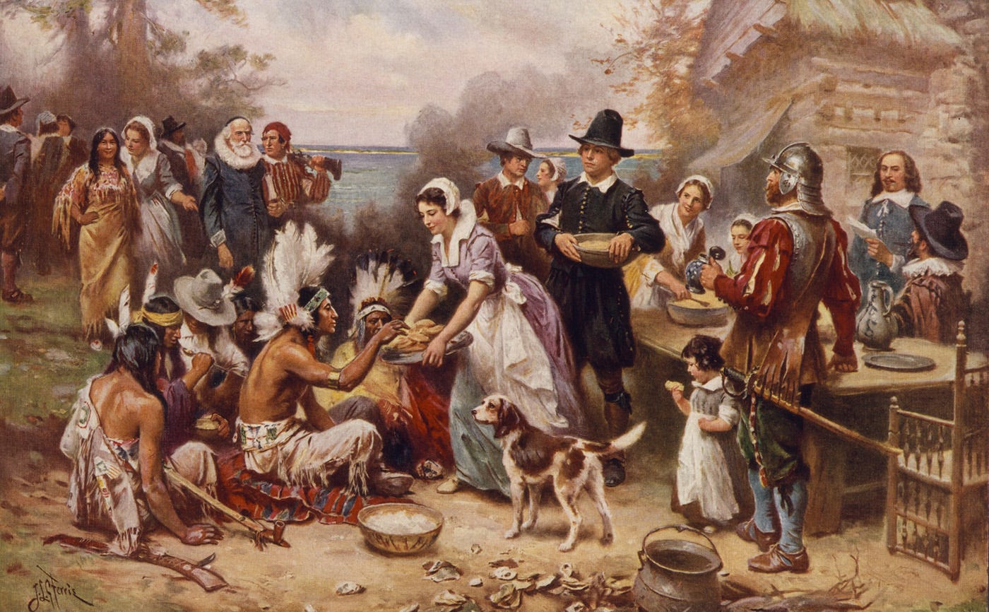 Oil painting depicts a friendly, festive scene of a shared meal outdoors between Native people and English colonists.